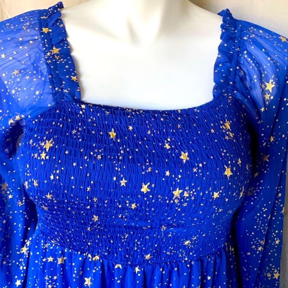 EUC Royal blue with gold stars smocked bodice tiered dress